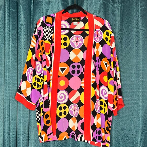 Bob Mackie Vintage Wearable Art 100% Silk Kimono Mod 70 Bright Geometric Retro L - Picture 2 of 5